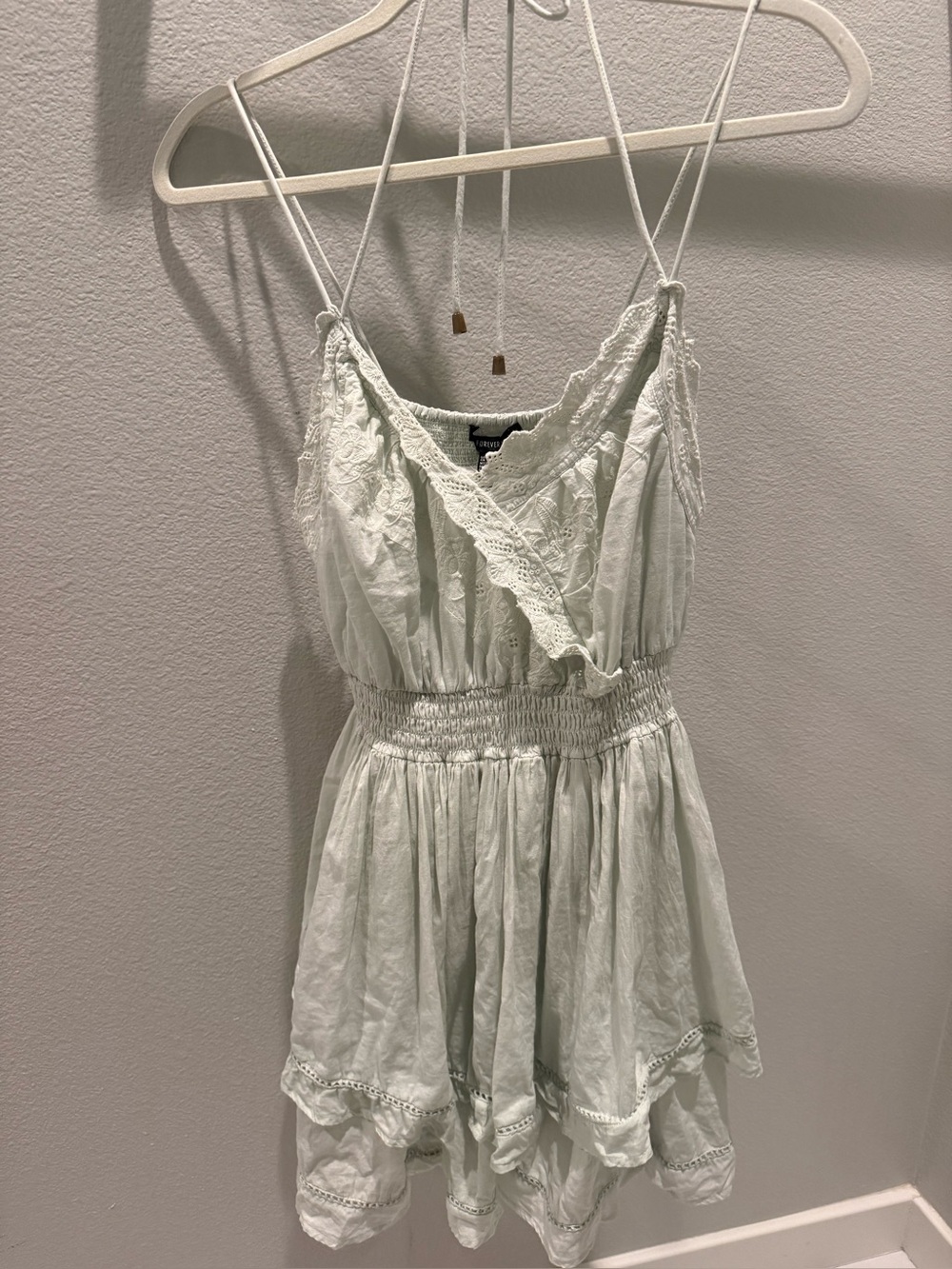 Brand new Light Sage Lace-Trim embroidered Spaghetti Strap tiered Mini Dress